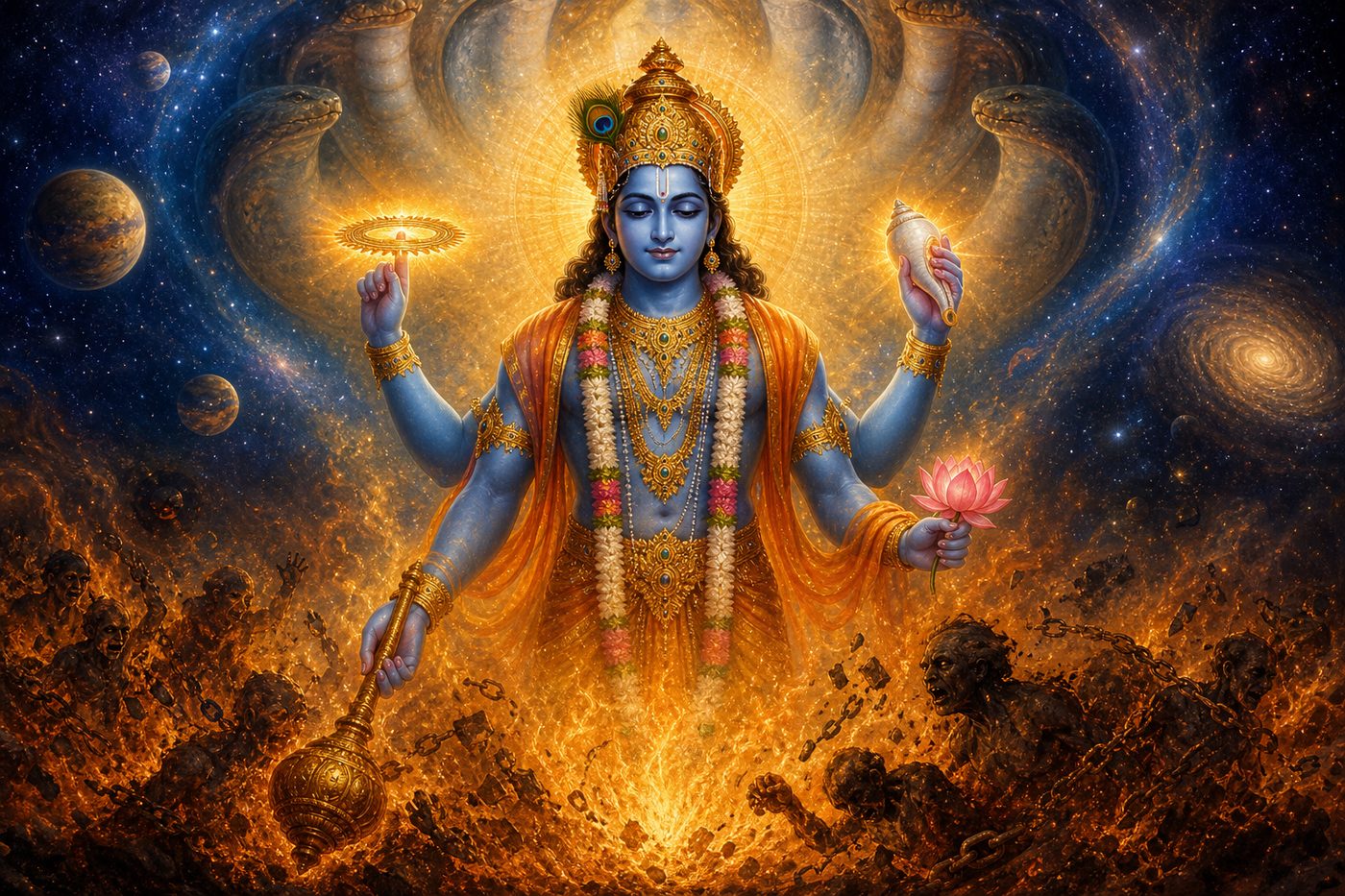 Four-armed Lord Vishnu and the symbolism of the conch, discus, mace, and lotus