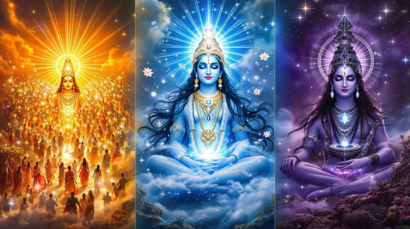 Three Divine Processions of Spiritual Evolution - Brahma's glittering party, Vishnu's radiant devotees, and Shiva's ascetic wisdom seekers